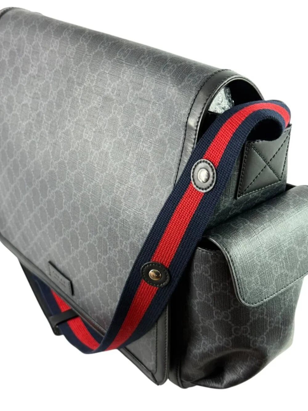 GUCCI Gray Supreme Canvas Leather Trim GG Web Diaper Changing Bag Made in Italy